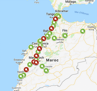 Map des bornes de recharges au Maroc