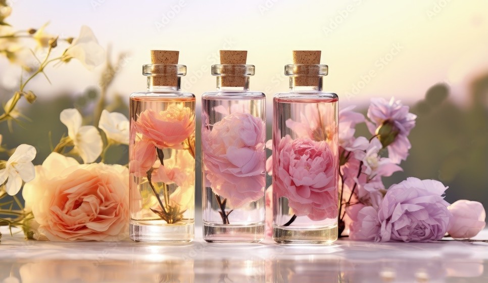 3 flacons de verre emplis de fleurs de roses 